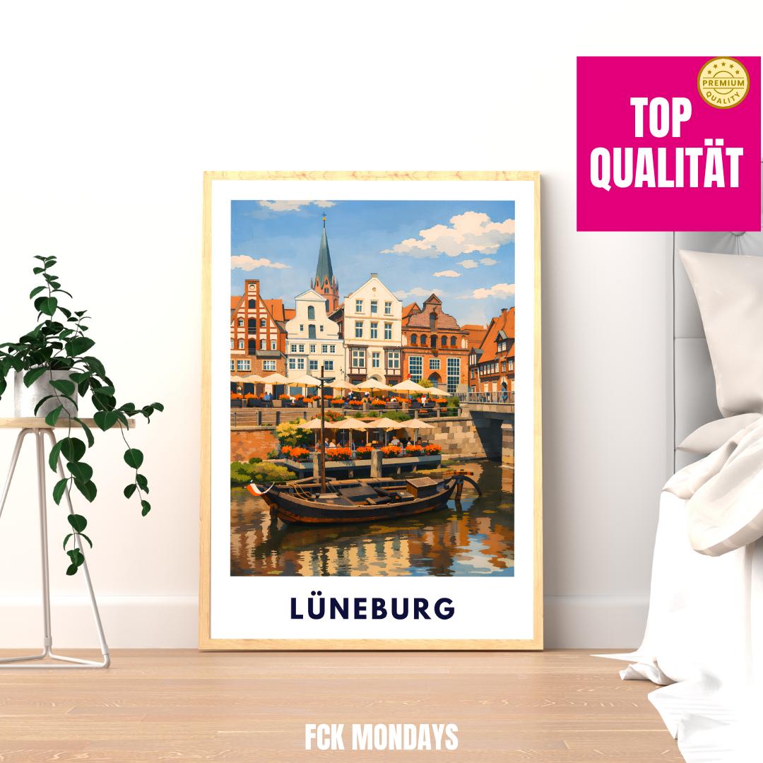Lüneburg Hafen Poster | Historischer Hafen & Altstadt | Hansestadt Lüneburg Illustration | Stadt Wandbild, Reise Poster Souvenir