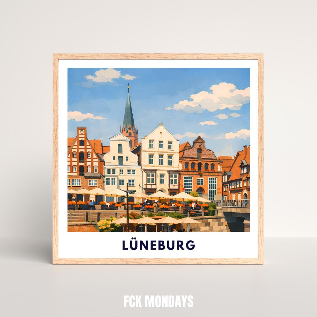 Lüneburg Hafen Poster | Historischer Hafen & Altstadt | Hansestadt Lüneburg Illustration | Stadt Wandbild, Reise Poster Souvenir