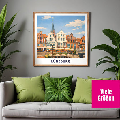 Lüneburg Hafen Poster | Historischer Hafen & Altstadt | Hansestadt Lüneburg Illustration | Stadt Wandbild, Reise Poster Souvenir