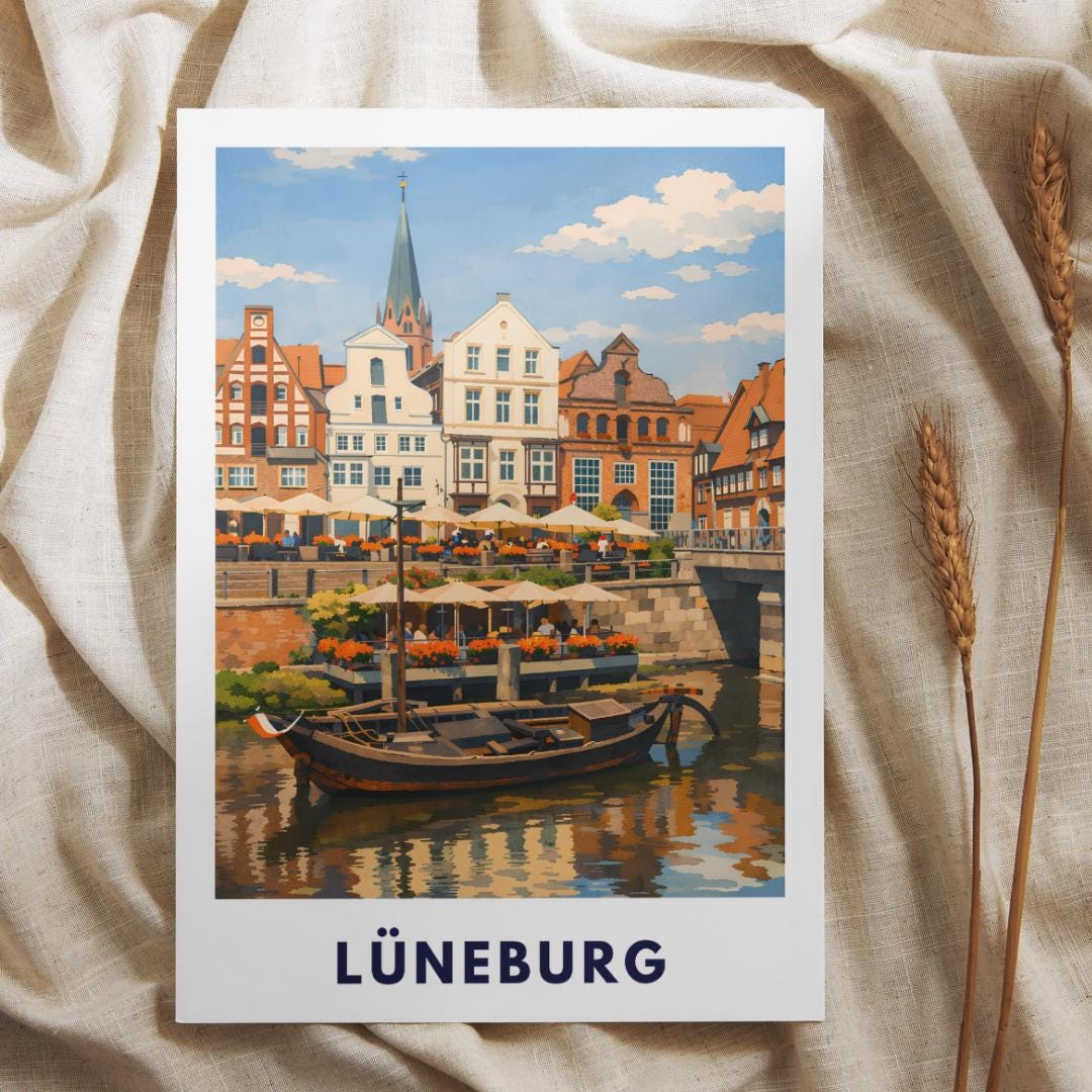 Lüneburg Hafen Poster | Historischer Hafen & Altstadt | Hansestadt Lüneburg Illustration | Stadt Wandbild, Reise Poster Souvenir