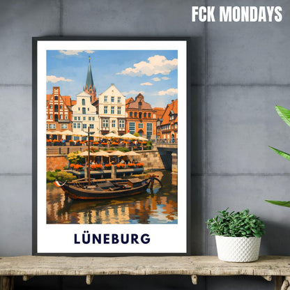 Lüneburg Hafen Poster | Historischer Hafen & Altstadt | Hansestadt Lüneburg Illustration | Stadt Wandbild, Reise Poster Souvenir
