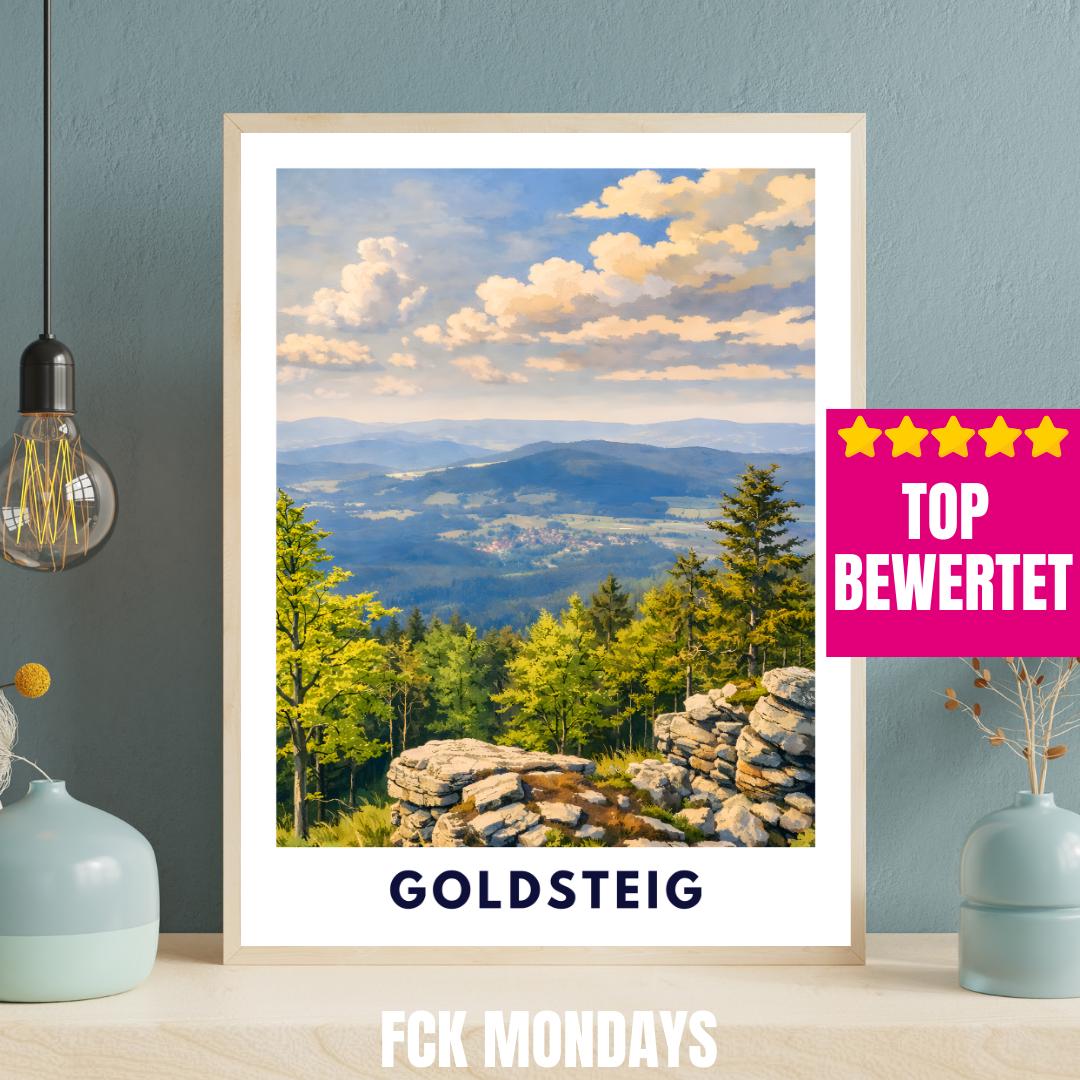 Goldsteig Poster | Wanderweg Bayerischer Wald | Künstlerisches Natur Wandbild | Fernwanderweg Deutschland | Arber, Rachel, Lusen Plakat