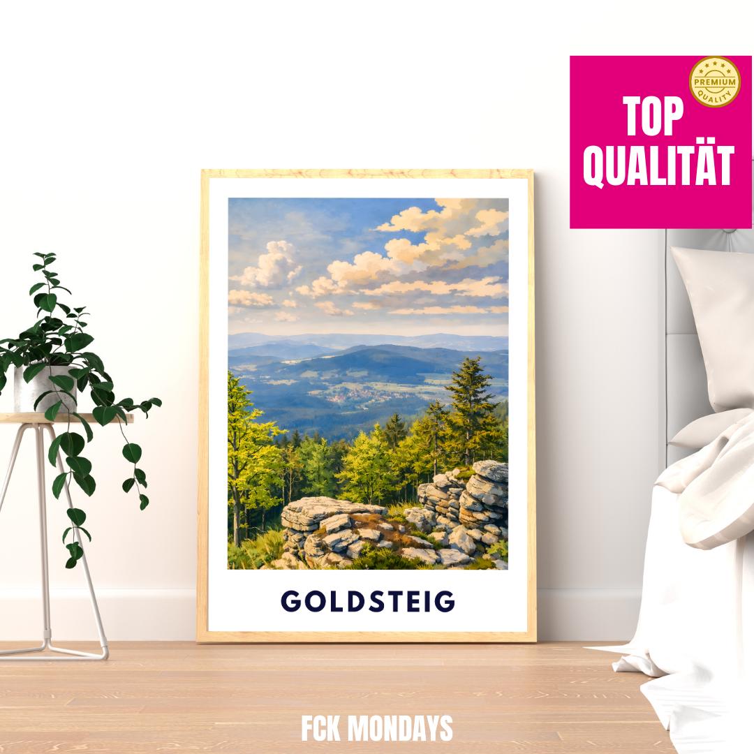 Goldsteig Poster | Wanderweg Bayerischer Wald | Künstlerisches Natur Wandbild | Fernwanderweg Deutschland | Arber, Rachel, Lusen Plakat