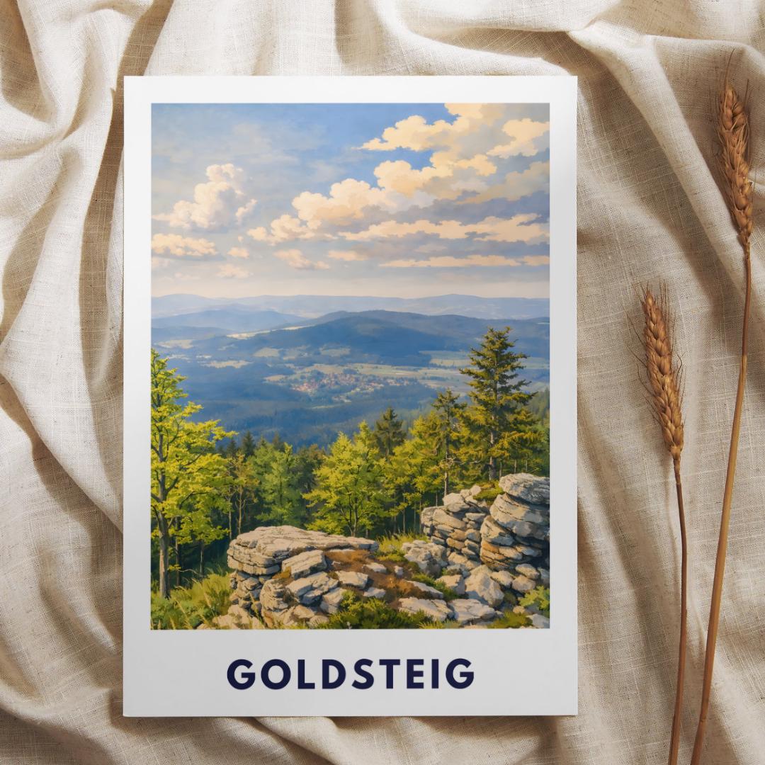 Goldsteig Poster | Wanderweg Bayerischer Wald | Künstlerisches Natur Wandbild | Fernwanderweg Deutschland | Arber, Rachel, Lusen Plakat