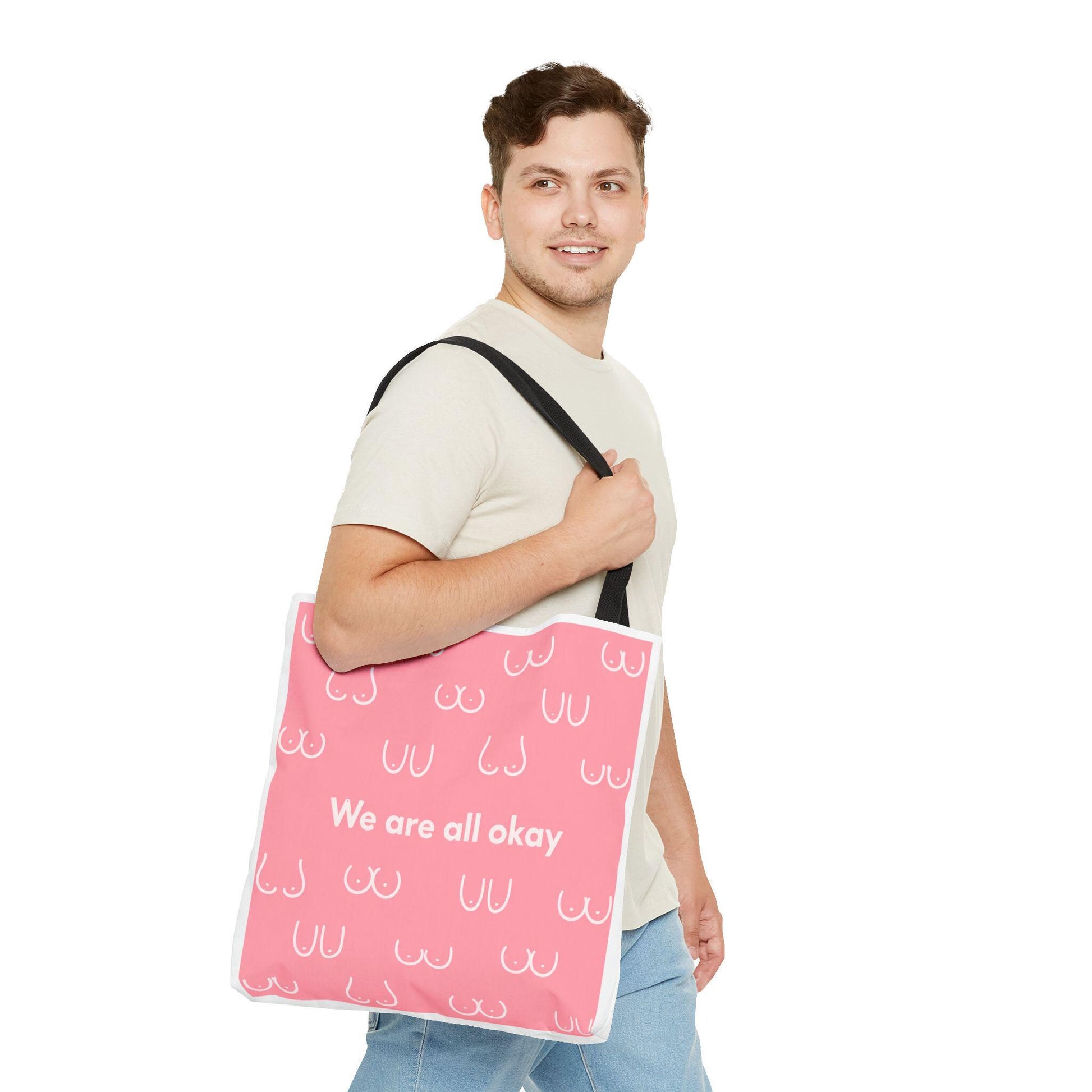 Boob Tote Bag | Boobie Shopping Bag | Breast Print Tote | "We Are All Okay" | Pink Quote Bag | Gift for Women