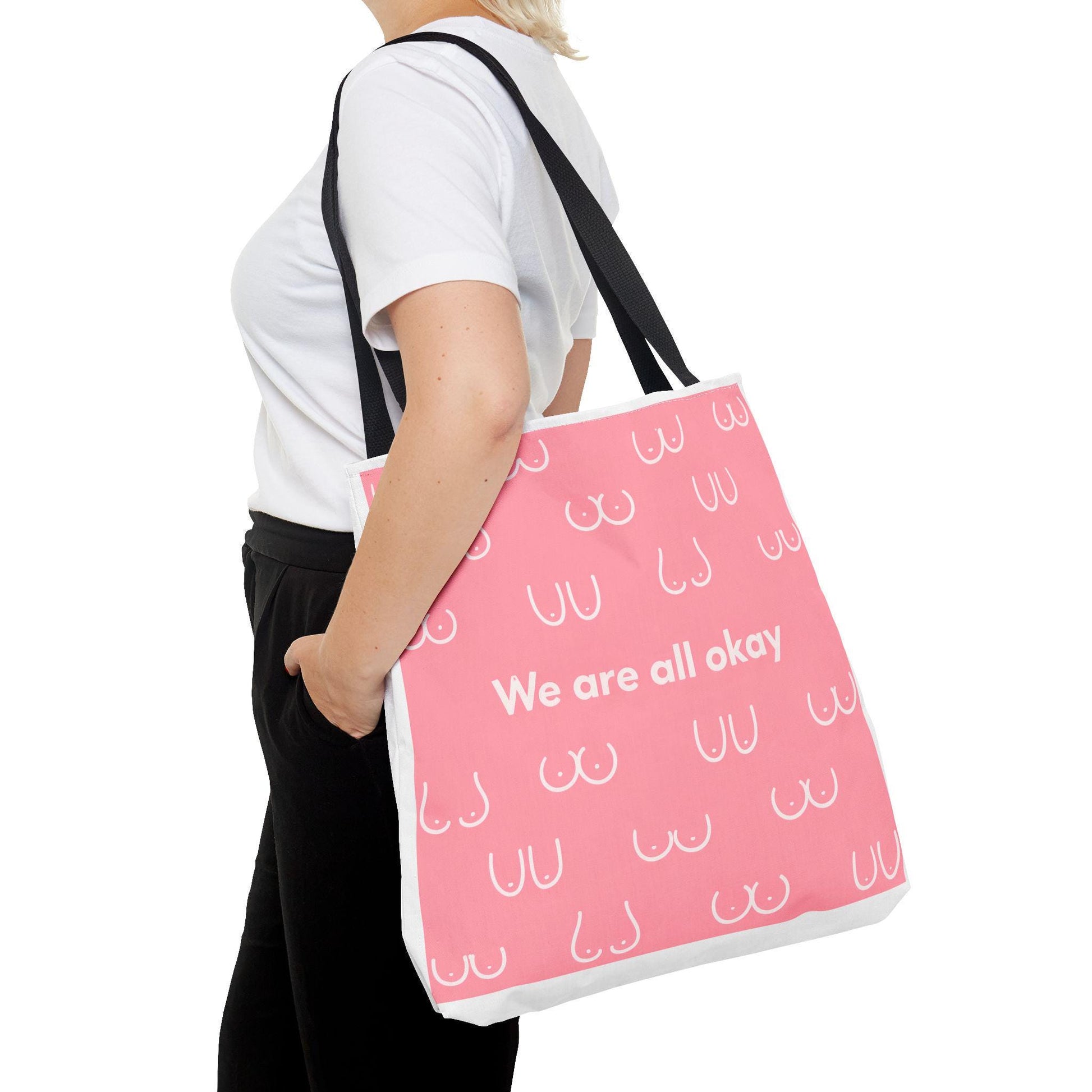 Boob Tote Bag | Boobie Shopping Bag | Breast Print Tote | "We Are All Okay" | Pink Quote Bag | Gift for Women
