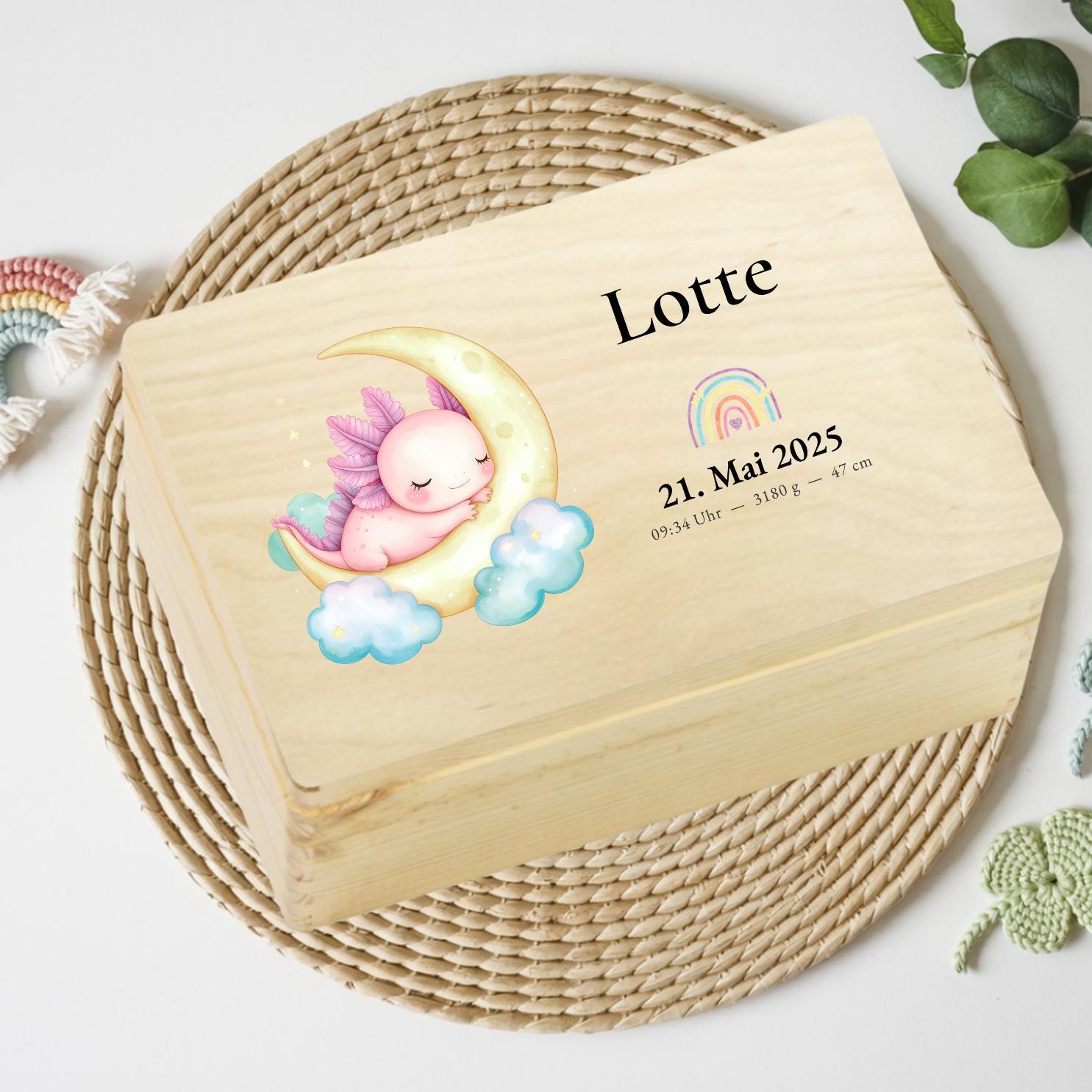 Personalized Baby Keepsake Box Wood with Name & Birth Details | Axolotl Moon Design | Baby Memory Box for Birth or Baptism | Baby Gift