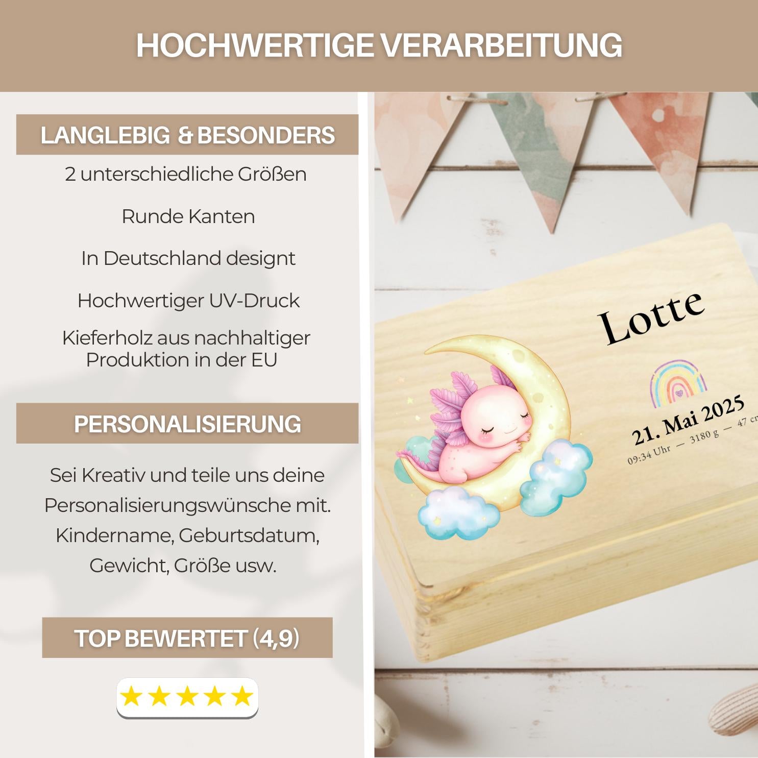 Personalized Baby Keepsake Box Wood with Name & Birth Details | Axolotl Moon Design | Baby Memory Box for Birth or Baptism | Baby Gift