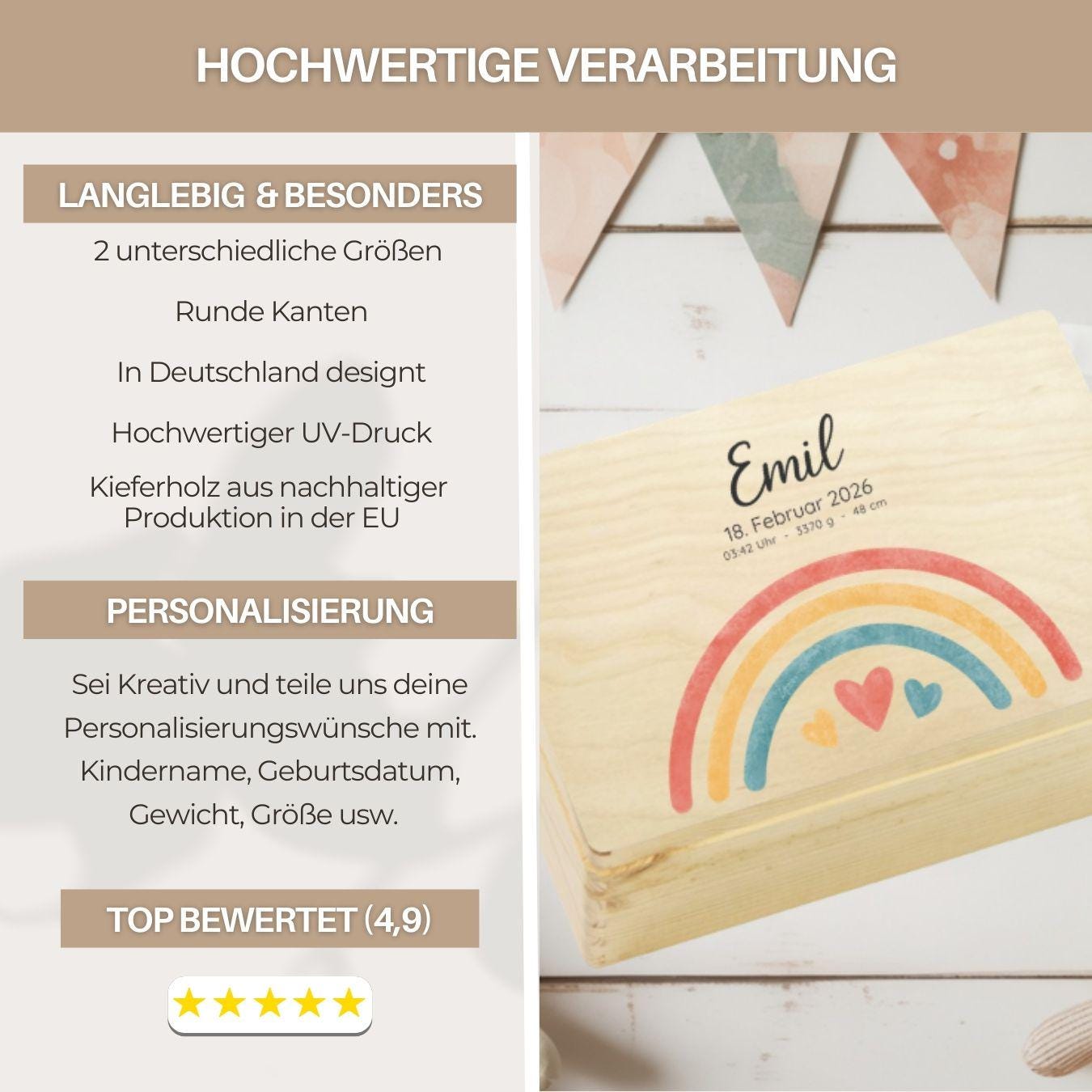 Personalized Baby Keepsake Box Wood with Name & Birth Details | Rainbow Moon Design | Baby Memory Box for Birth or Baptism | Baby Gift