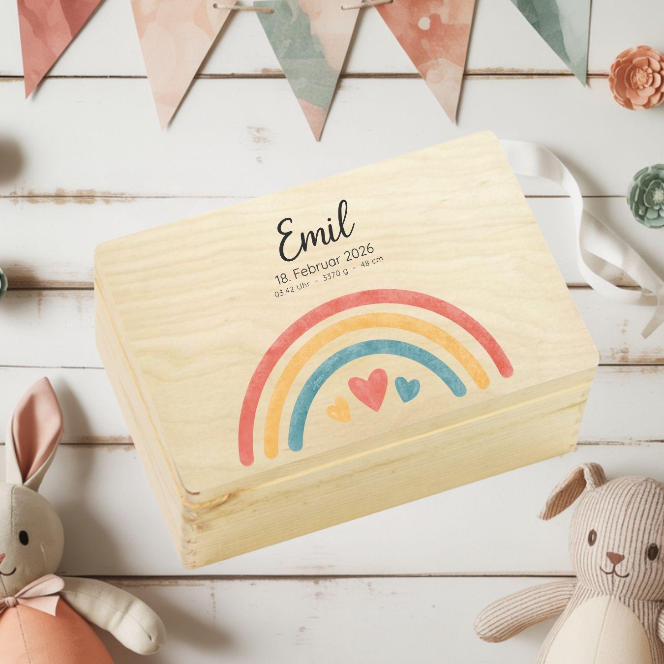 Personalized Baby Keepsake Box Wood with Name & Birth Details | Rainbow Moon Design | Baby Memory Box for Birth or Baptism | Baby Gift