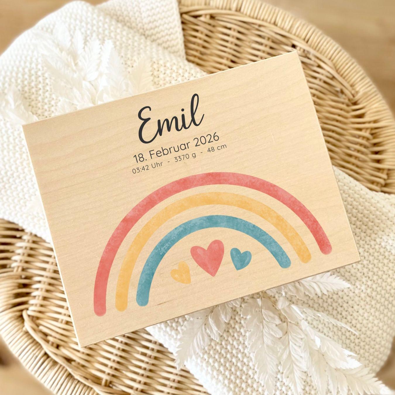 Personalized Baby Keepsake Box Wood with Name & Birth Details | Rainbow Moon Design | Baby Memory Box for Birth or Baptism | Baby Gift