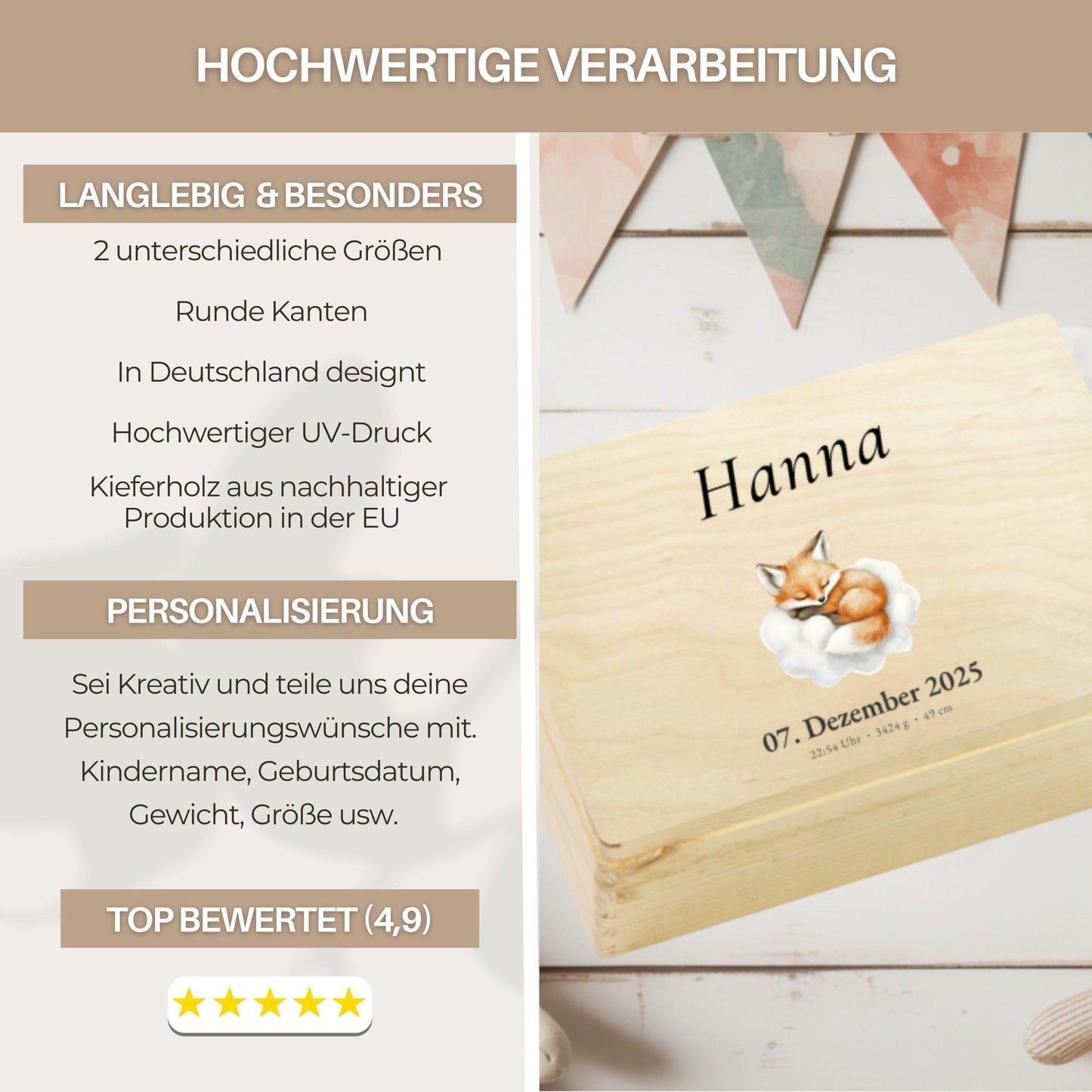 Personalized Baby Keepsake Box Wood with Name & Birth Details | Watercolor Animal Design | Baby Memory Box for Birth or Baptism | Baby Gift