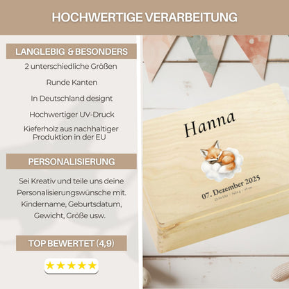 Personalized Baby Keepsake Box Wood with Name & Birth Details | Watercolor Animal Design | Baby Memory Box for Birth or Baptism | Baby Gift