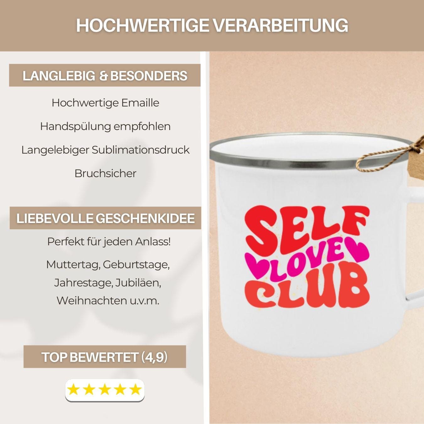 Self Love Club Enamel Mug | Motivational Mug Quote | Self Care Gift for Girlfriend | Retro Coffee Mug Mental Health Affirmation