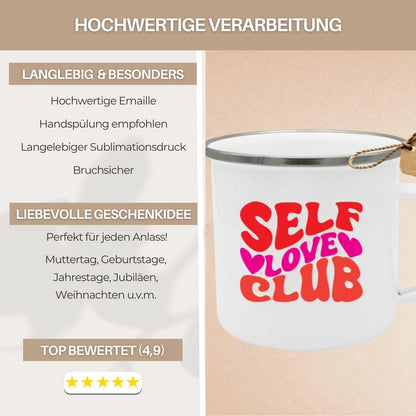 Self Love Club Enamel Mug | Motivational Mug Quote | Self Care Gift for Girlfriend | Retro Coffee Mug Mental Health Affirmation