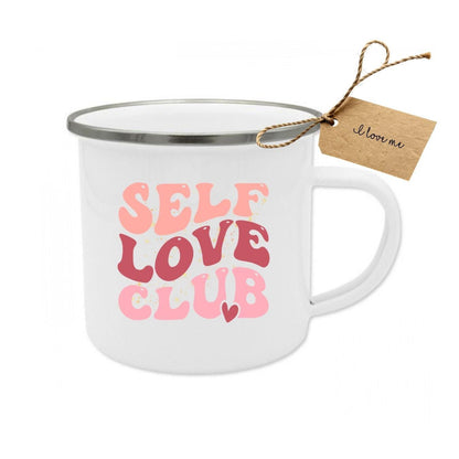 Self Love Club Enamel Mug | Motivational Mug Quote | Self Care Gift for Girlfriend | Retro Coffee Mug Mental Health Affirmation