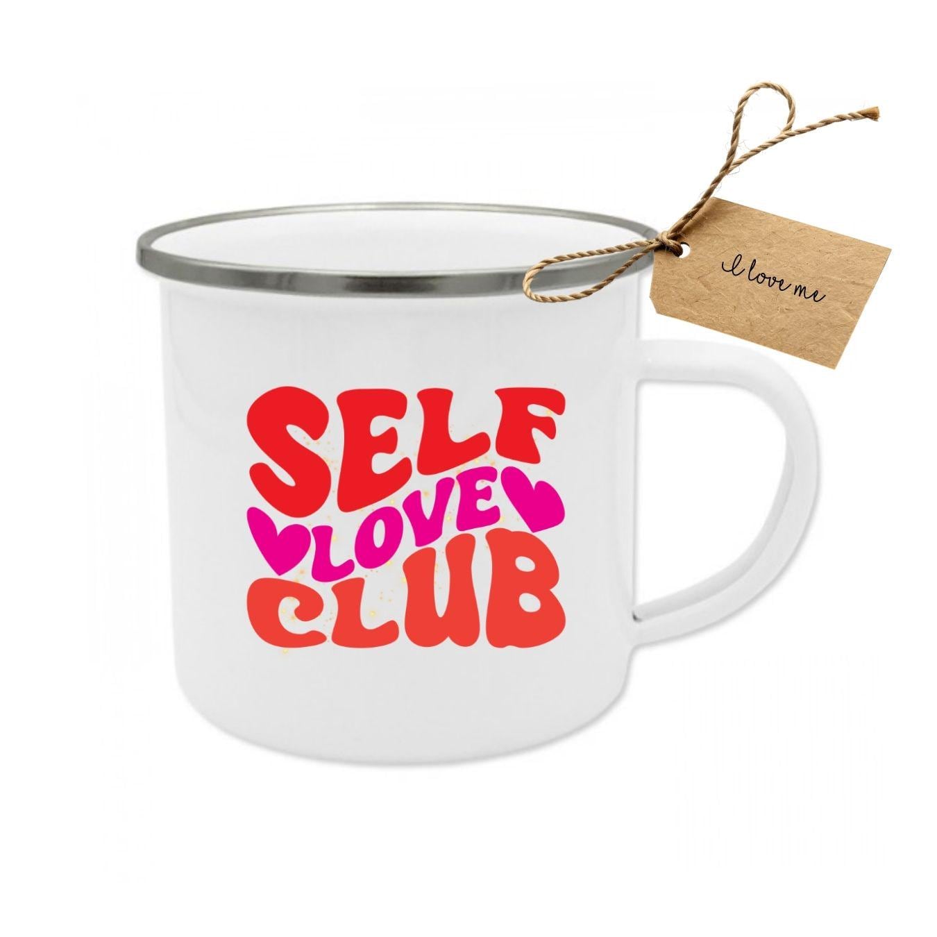 Self Love Club Enamel Mug | Motivational Mug Quote | Self Care Gift for Girlfriend | Retro Coffee Mug Mental Health Affirmation