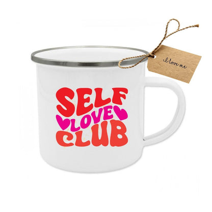 Self Love Club Enamel Mug | Motivational Mug Quote | Self Care Gift for Girlfriend | Retro Coffee Mug Mental Health Affirmation