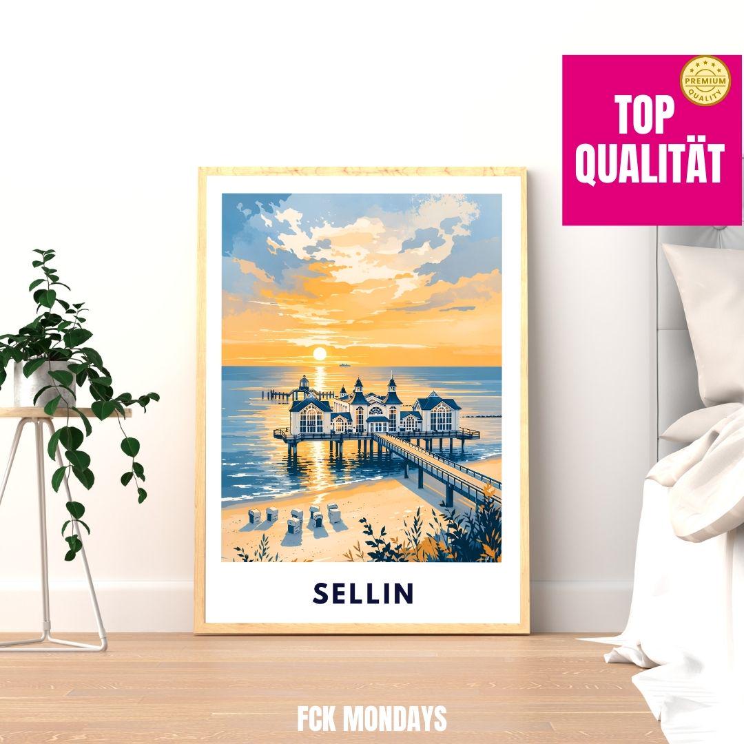 Sellin Pier Poster | Baltic Sea Coast Print | Rügen Sunset Wall Art | Vintage Travel Poster | Home Decor Holiday Appartment Living Room