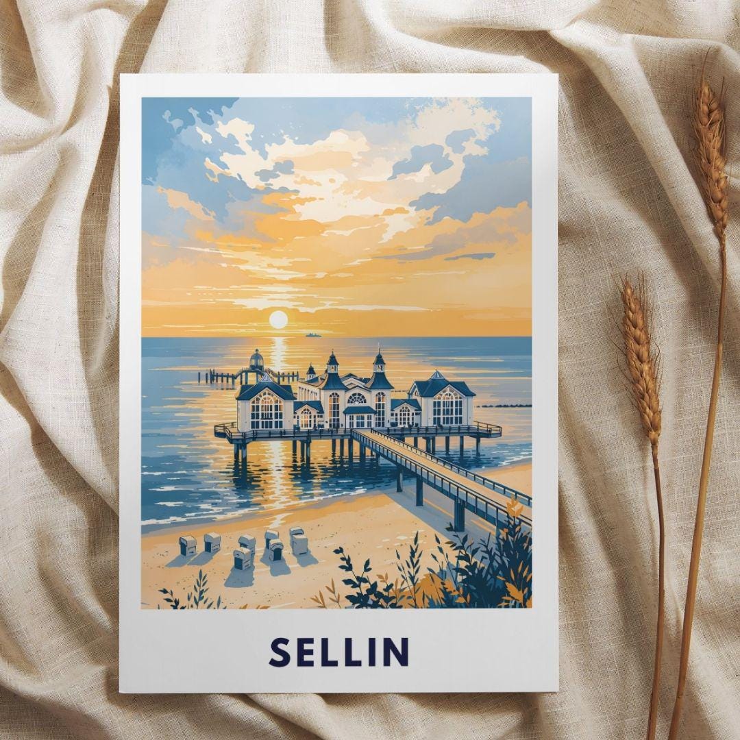 Sellin Pier Poster | Baltic Sea Coast Print | Rügen Sunset Wall Art | Vintage Travel Poster | Home Decor Holiday Appartment Living Room