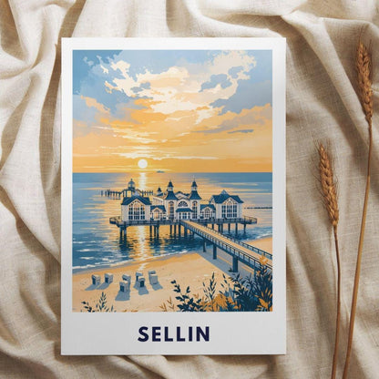 Sellin Pier Poster | Baltic Sea Coast Print | Rügen Sunset Wall Art | Vintage Travel Poster | Home Decor Holiday Appartment Living Room
