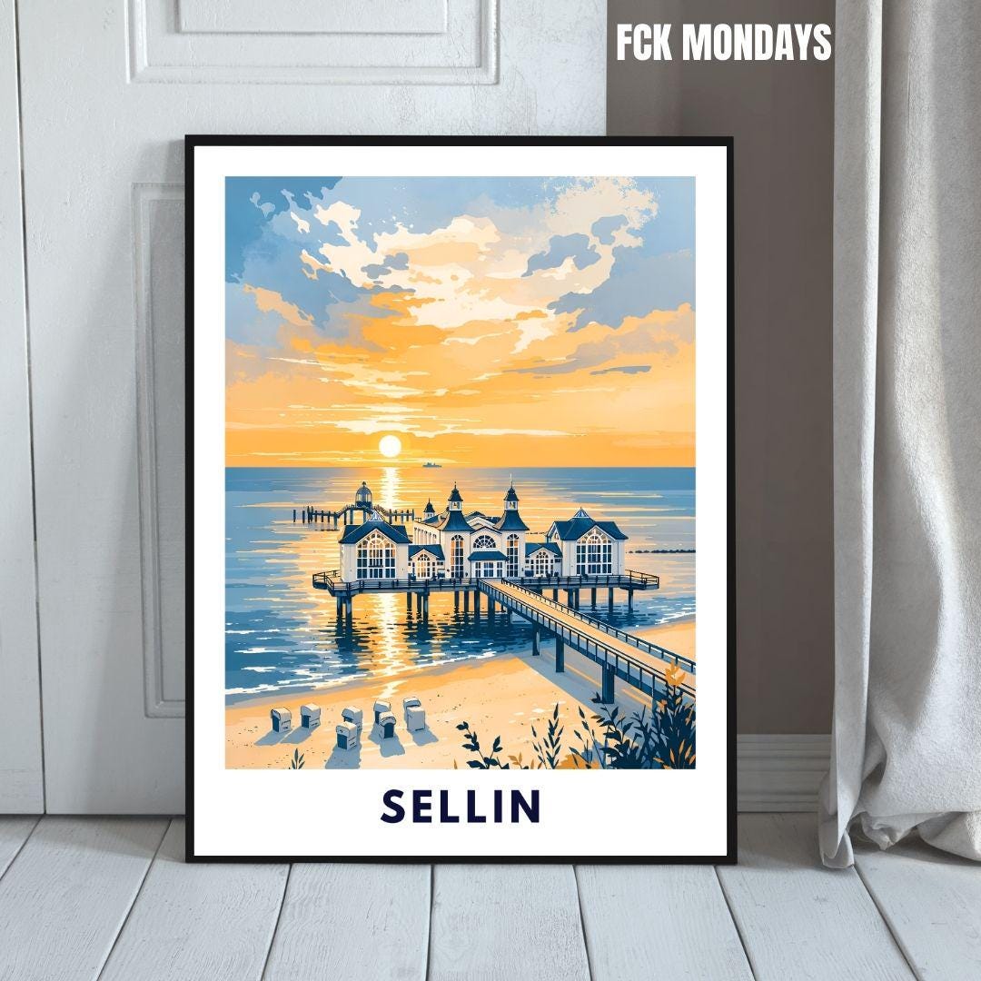 Sellin Pier Poster | Baltic Sea Coast Print | Rügen Sunset Wall Art | Vintage Travel Poster | Home Decor Holiday Appartment Living Room