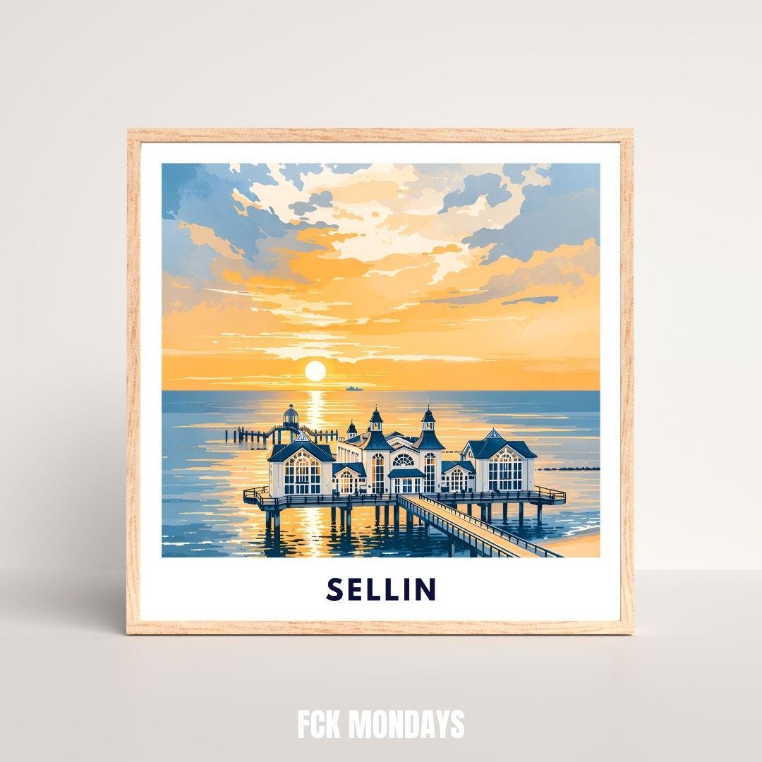 Sellin Pier Poster | Baltic Sea Coast Print | Rügen Sunset Wall Art | Vintage Travel Poster | Home Decor Holiday Appartment Living Room