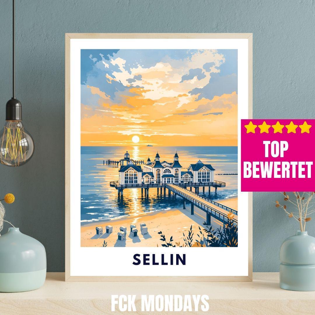 Sellin Pier Poster | Baltic Sea Coast Print | Rügen Sunset Wall Art | Vintage Travel Poster | Home Decor Holiday Appartment Living Room