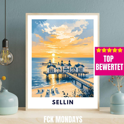 Sellin Pier Poster | Baltic Sea Coast Print | Rügen Sunset Wall Art | Vintage Travel Poster | Home Decor Holiday Appartment Living Room