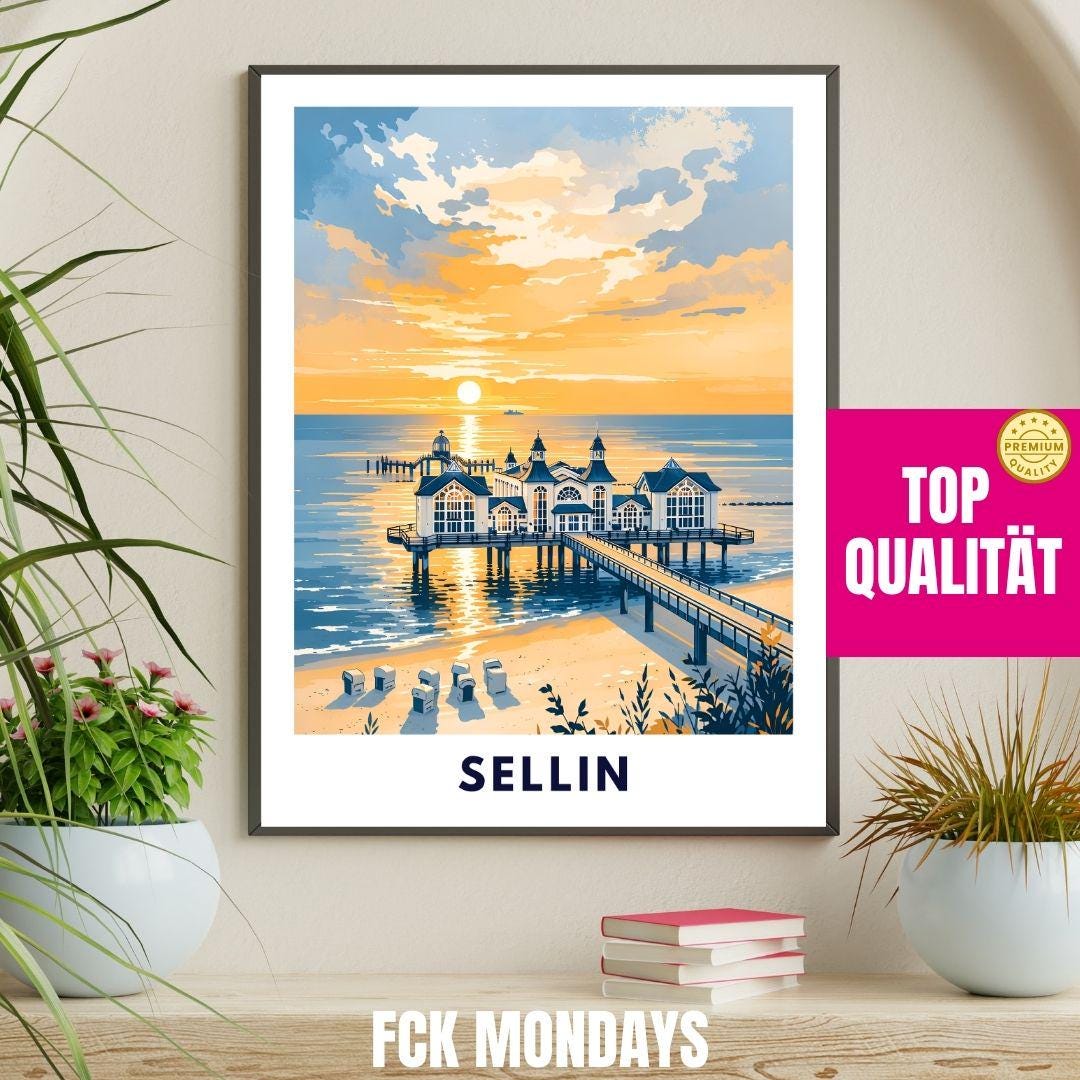 Sellin Pier Poster | Baltic Sea Coast Print | Rügen Sunset Wall Art | Vintage Travel Poster | Home Decor Holiday Appartment Living Room
