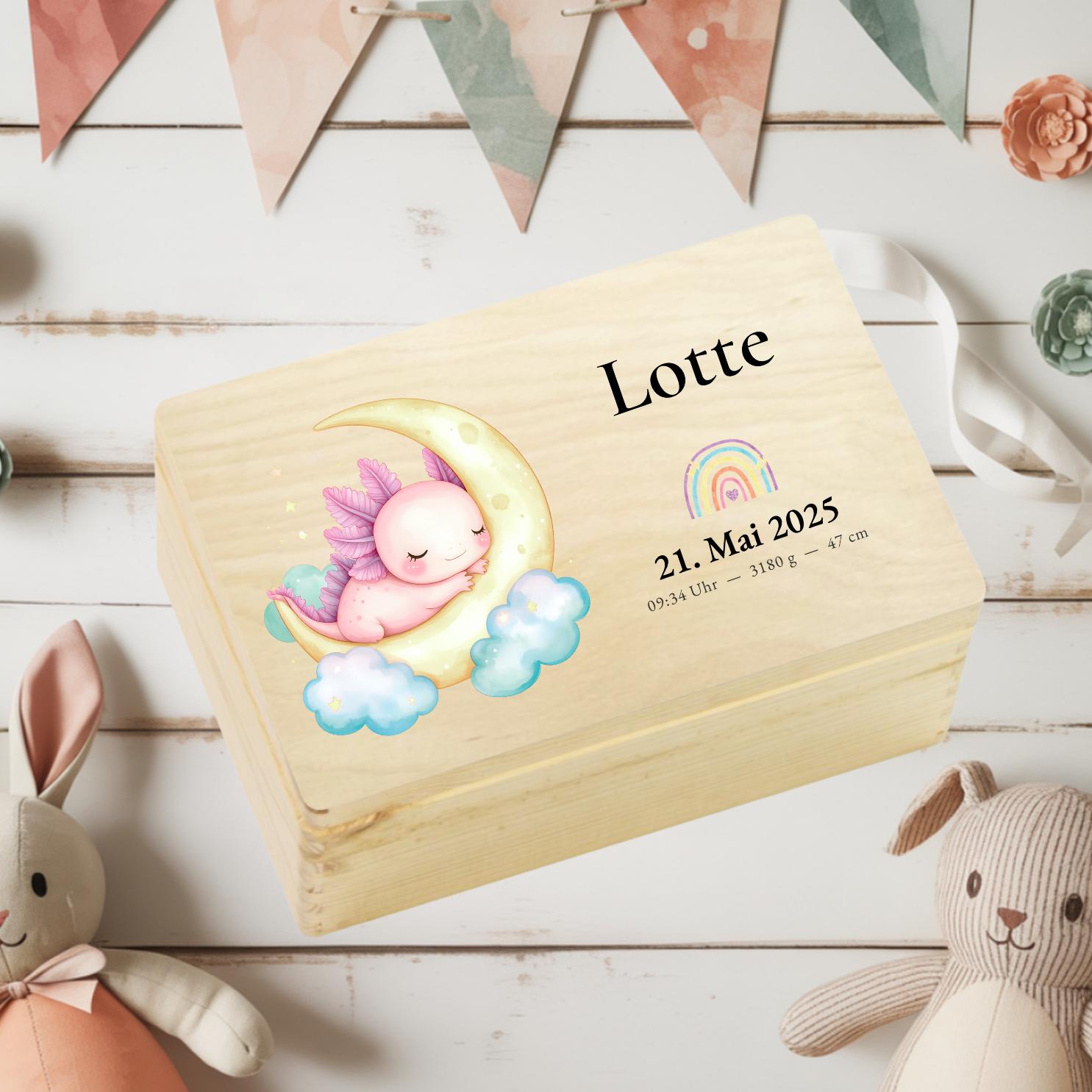 Personalized Baby Keepsake Box Wood with Name & Birth Details | Axolotl Moon Design | Baby Memory Box for Birth or Baptism | Baby Gift