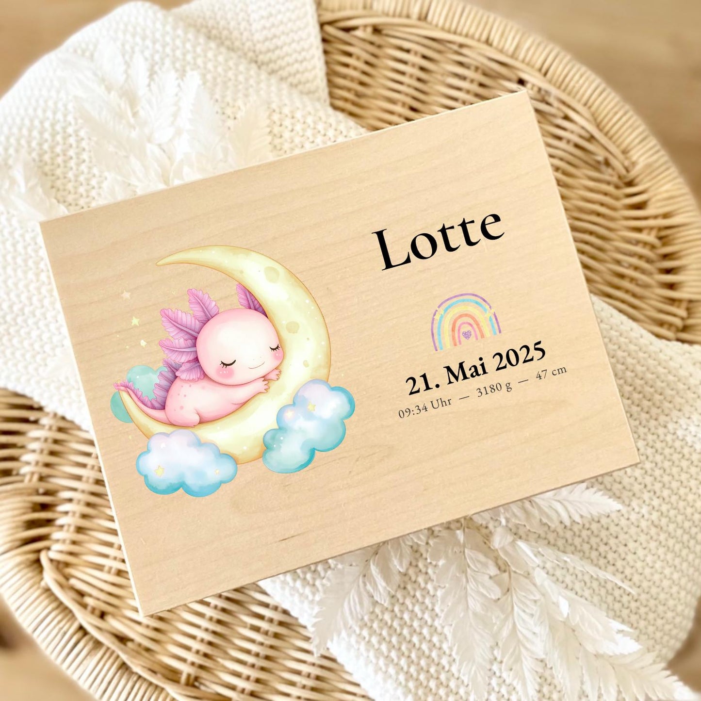 Personalized Baby Keepsake Box Wood with Name & Birth Details | Axolotl Moon Design | Baby Memory Box for Birth or Baptism | Baby Gift
