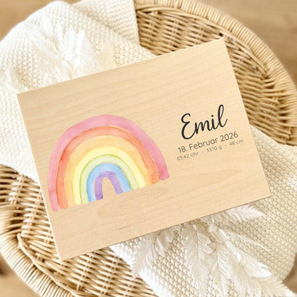 Personalized Baby Keepsake Box Wood with Name & Birth Details | Rainbow Moon Design | Baby Memory Box for Birth or Baptism | Baby Gift