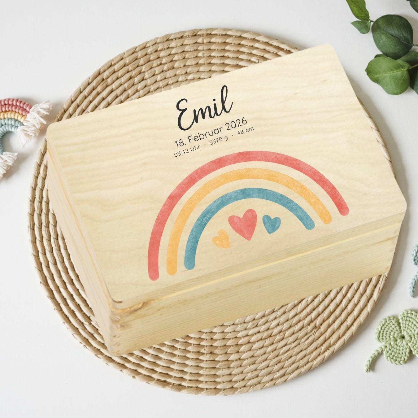 Personalized Baby Keepsake Box Wood with Name & Birth Details | Rainbow Moon Design | Baby Memory Box for Birth or Baptism | Baby Gift