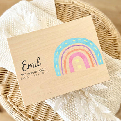 Personalized Baby Keepsake Box Wood with Name & Birth Details | Rainbow Moon Design | Baby Memory Box for Birth or Baptism | Baby Gift