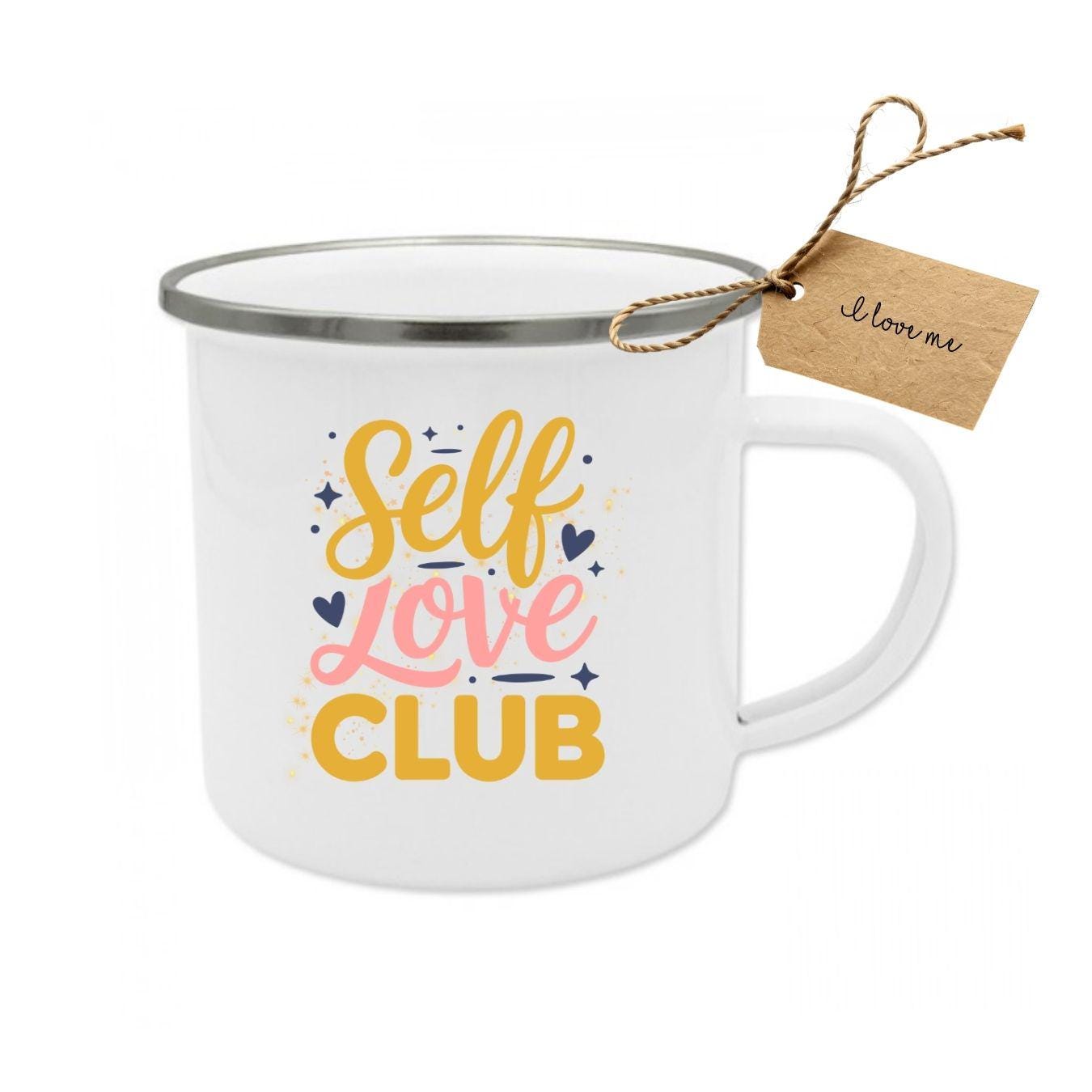 Self Love Club Enamel Mug | Motivational Mug Quote | Self Care Gift for Girlfriend | Retro Coffee Mug Mental Health Affirmation