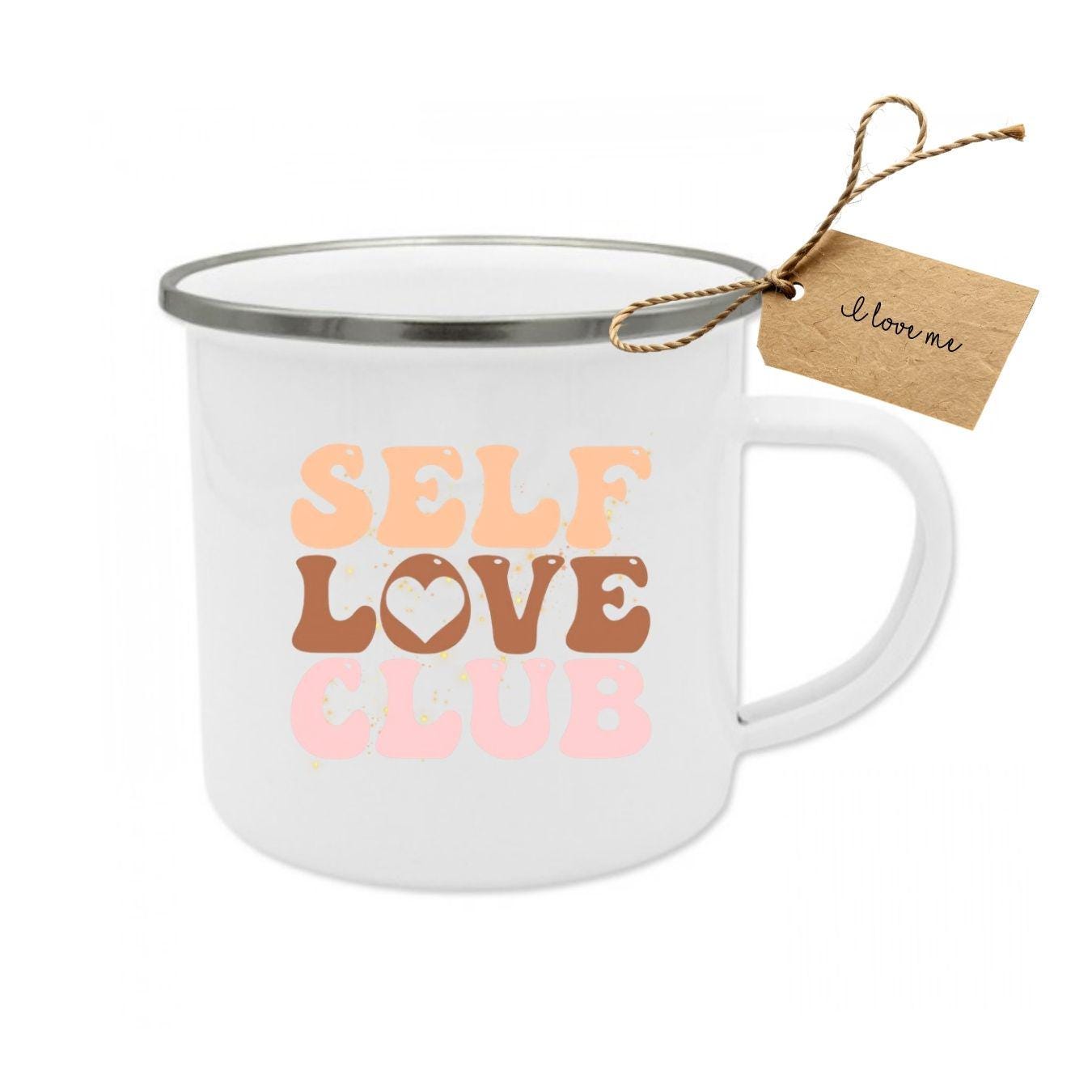 Self Love Club Enamel Mug | Motivational Mug Quote | Self Care Gift for Girlfriend | Retro Coffee Mug Mental Health Affirmation