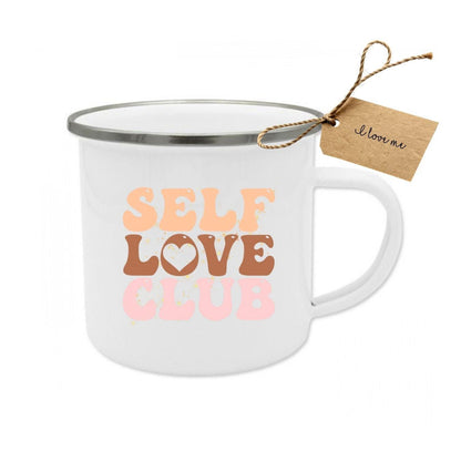 Self Love Club Enamel Mug | Motivational Mug Quote | Self Care Gift for Girlfriend | Retro Coffee Mug Mental Health Affirmation