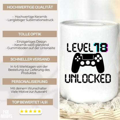 Personalised 18th Birthday Money Box | Gaming Gift with Age & Name | Money Box for Teenagers | Level Up Gift for Boys and Girls