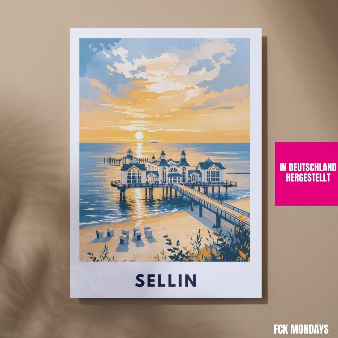 Sellin Pier Poster | Baltic Sea Coast Print | Rügen Sunset Wall Art | Vintage Travel Poster | Home Decor Holiday Appartment Living Room