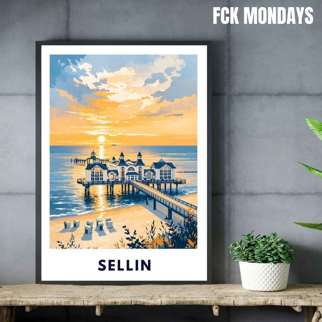 Sellin Pier Poster | Baltic Sea Coast Print | Rügen Sunset Wall Art | Vintage Travel Poster | Home Decor Holiday Appartment Living Room