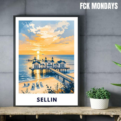 Sellin Pier Poster | Baltic Sea Coast Print | Rügen Sunset Wall Art | Vintage Travel Poster | Home Decor Holiday Appartment Living Room
