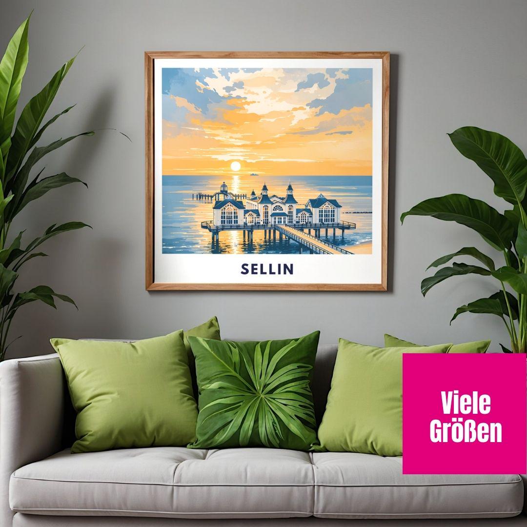 Sellin Pier Poster | Baltic Sea Coast Print | Rügen Sunset Wall Art | Vintage Travel Poster | Home Decor Holiday Appartment Living Room