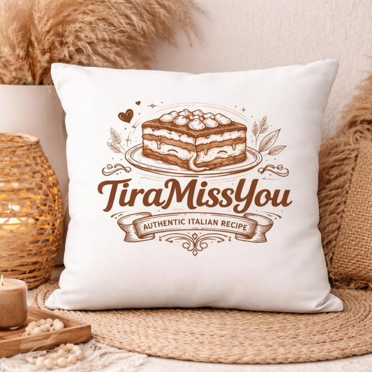 Tiramisu Kissen – Lustiges Dessert Kissen „Tira Miss You“ – Geschenk Food Lover Küchen Deko – Kaffee Lover Couch Kissen Valentinstag 40x40cm