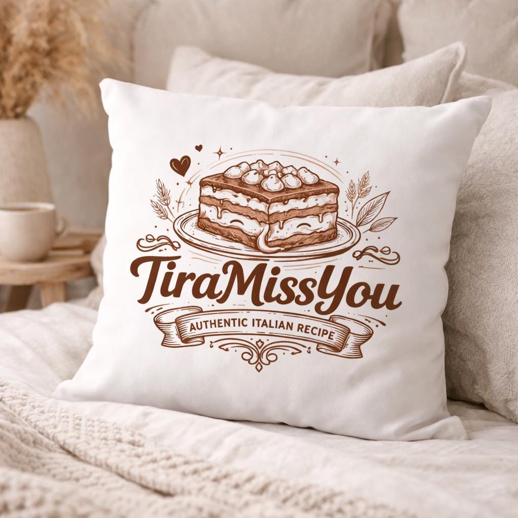 Tiramisu Kissen – Lustiges Dessert Kissen „Tira Miss You“ – Geschenk Food Lover Küchen Deko – Kaffee Lover Couch Kissen Valentinstag 40x40cm