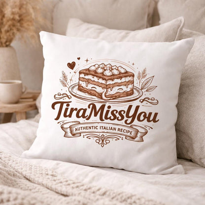 Tiramisu Kissen – Lustiges Dessert Kissen „Tira Miss You“ – Geschenk Food Lover Küchen Deko – Kaffee Lover Couch Kissen Valentinstag 40x40cm