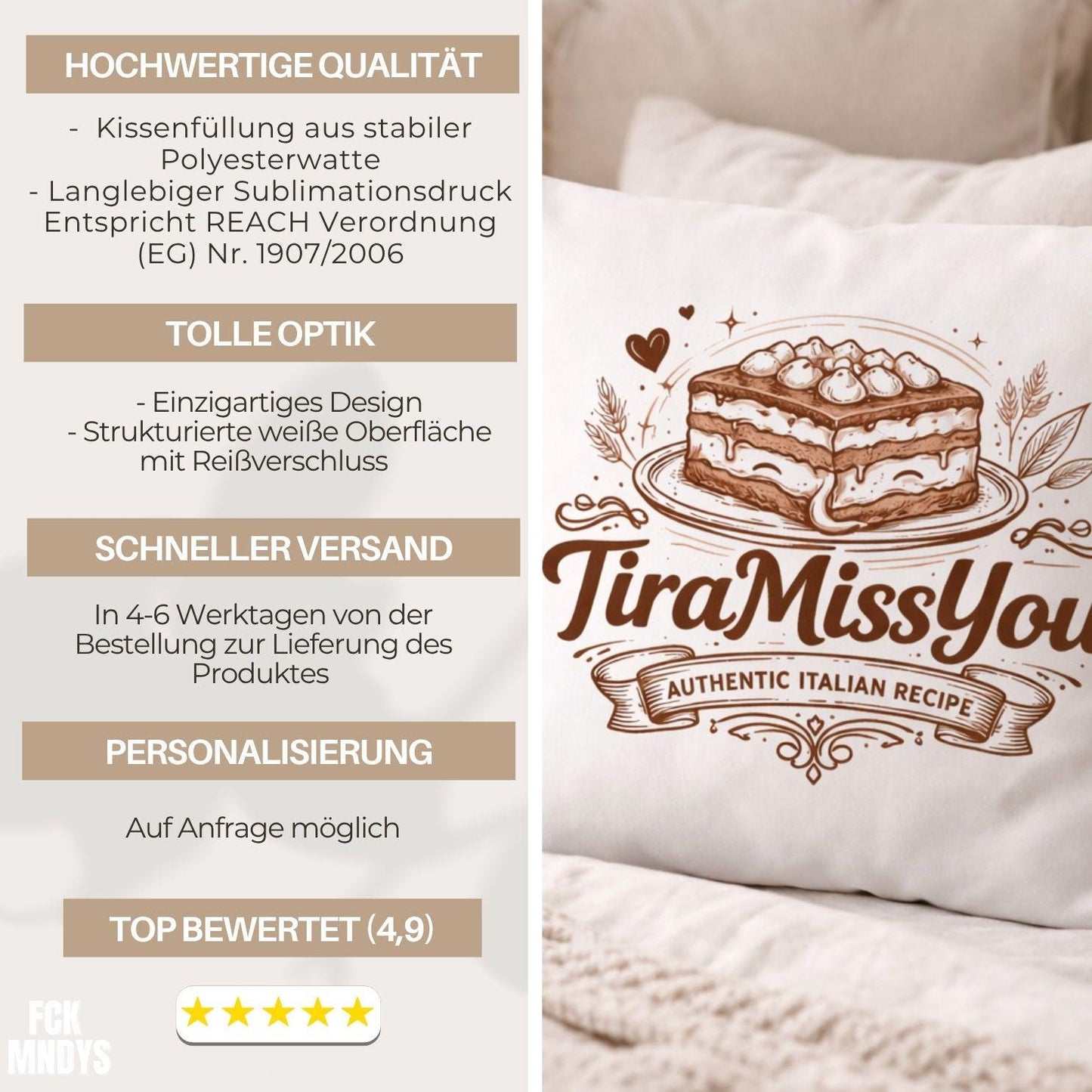 Tiramisu Kissen – Lustiges Dessert Kissen „Tira Miss You“ – Geschenk Food Lover Küchen Deko – Kaffee Lover Couch Kissen Valentinstag 40x40cm