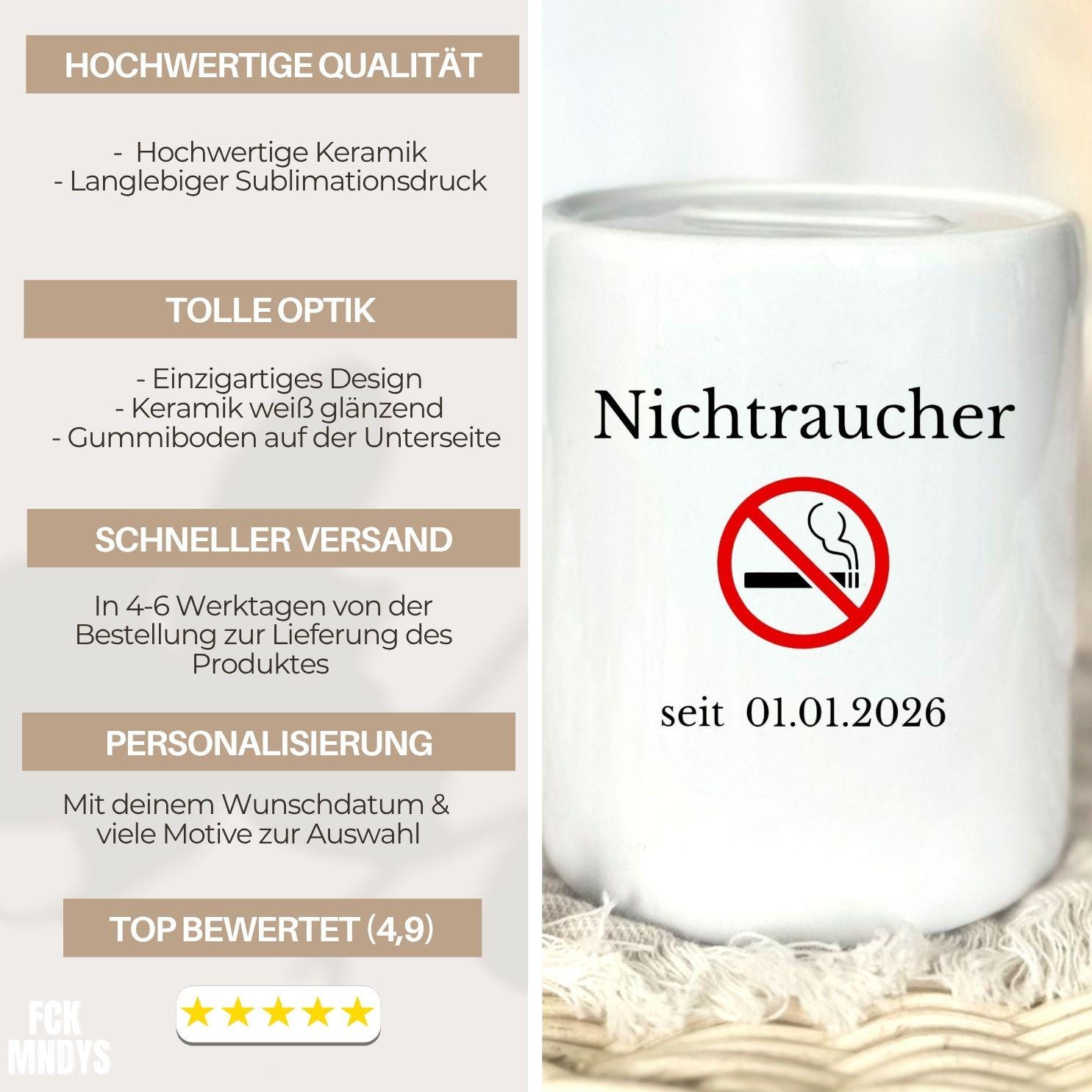 Personalised non-smoker money box with date | Smoke-free gift | Quit smoking motivation money box – non-smoker since Non Smoke