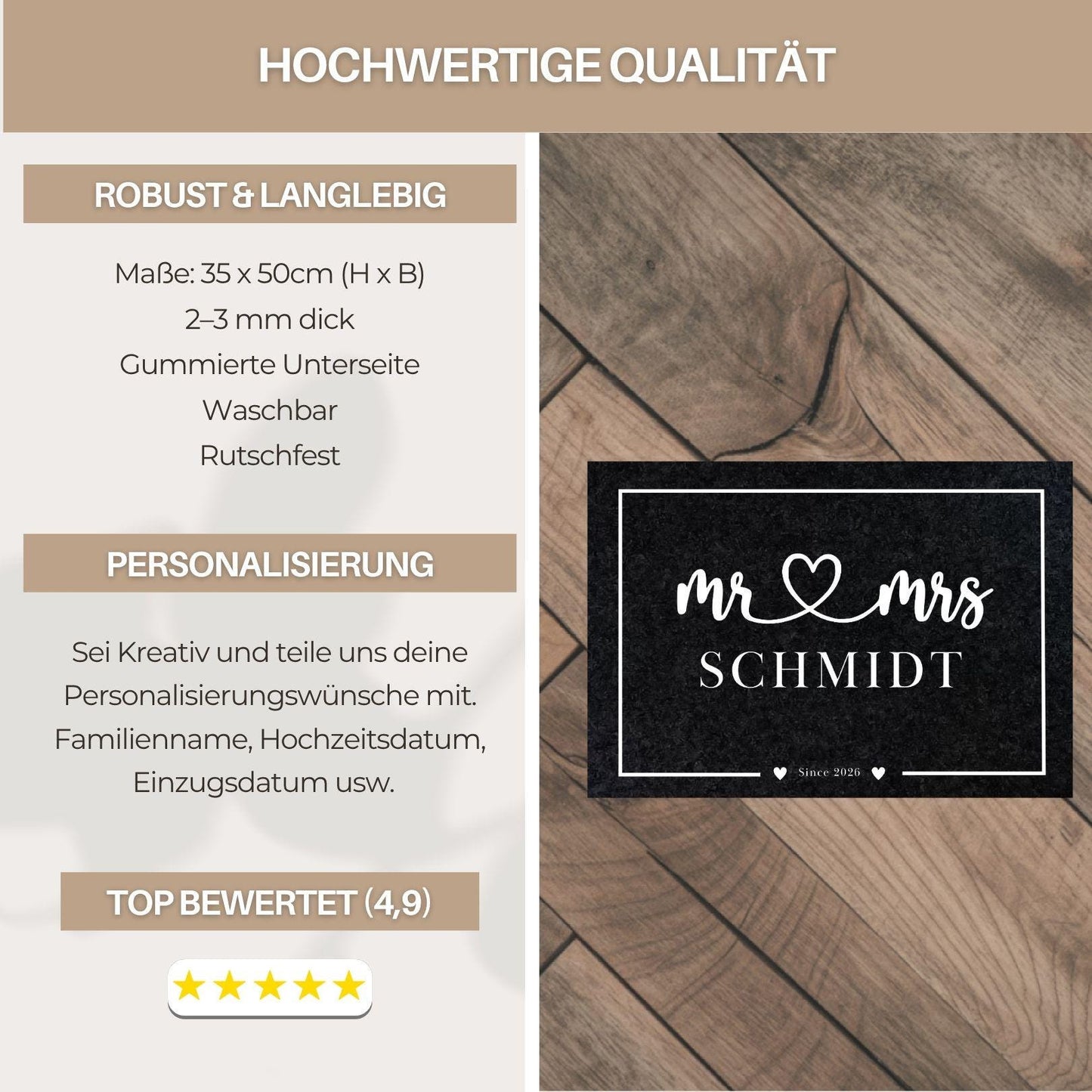 Personalisierte Fußmatte Mr & Mrs mit Name | Hochzeitsgeschenk Türmatte individuell | Eingangsbereich Matte Hochzeit Geschenk Gummirand