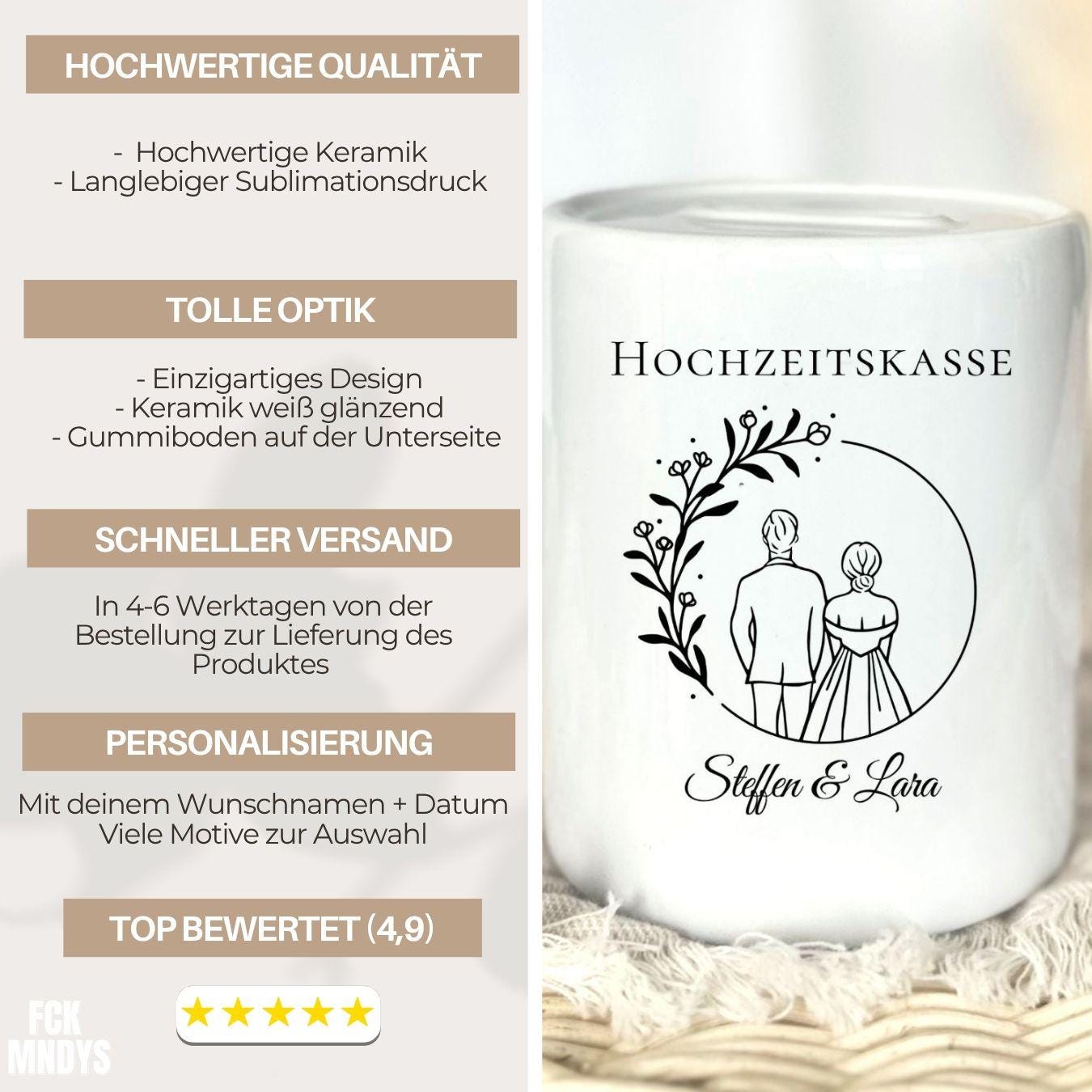 Personalisierte Hochzeitsspardose mit Namen & Datum | Hochzeitsgeschenk Paar | Geldgeschenk Idee| Boho Hochzeit Deko Sparschwein Nachnamen